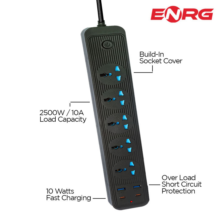 Energy  ENRG Smart Universal Extension Lead Board 5 Power Socket + 2 Usb + 2 Type C Fast Charging Ports Plug For Electronics Mobile Charging With 2 Meter Heavy Duty Copper Wire