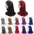 Rendom Colors Muslim Kids Girls Hijab Islamic Headscarf Diamontes Flower Scarf One Piece Children Full Cover Makna Wrap Cover. 