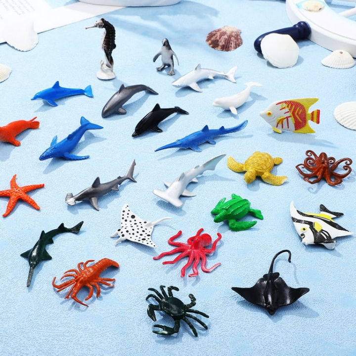 19 Pcs - Ocean Creatures Mini Sea Animal Kingdom Toy Set - For Kids Boys Girls Baby Toys Silicone Rubber Fish Action Figure Under Water Character World Wild Animals Jungle Zoo - Tiny Big Large Size