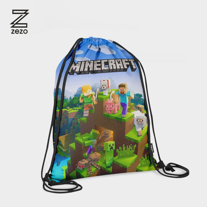 Minecraft Drawstring Bag - Bag for Boys & Girls  with Strong Black Strings - High-Quality Digital Printed on cloth by Zezo