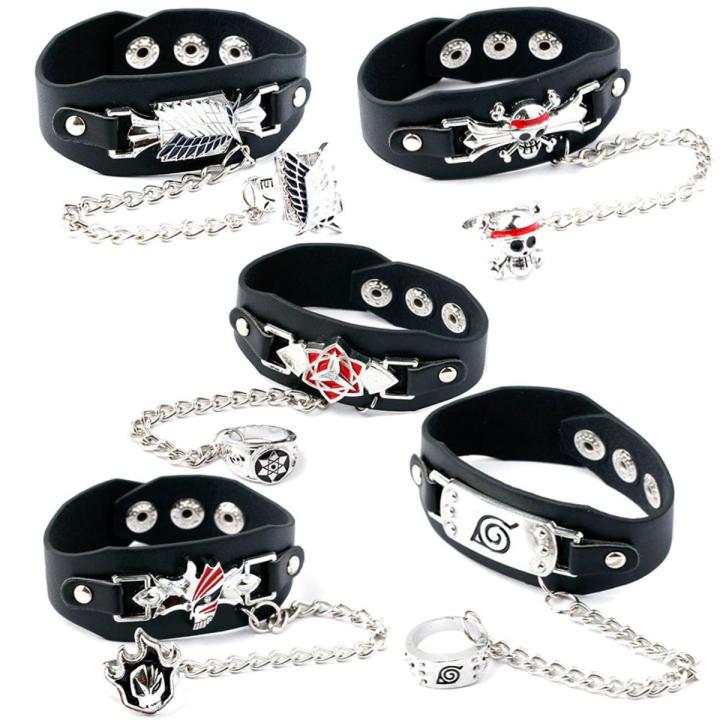 Anime Sharingan Attack on Titan BLEACH Punk Leather Bracelet With Ring Cosplay Prop Fashion Costume Accessories Jewelry