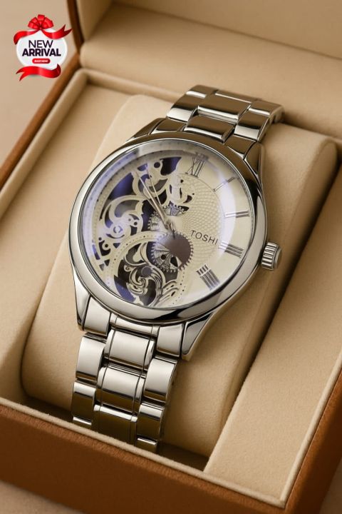 TOSHI Men's Black Luxury Skeleton Automatic Watch – Stylish Stainless Steel Mechanical Wristwatch for Men