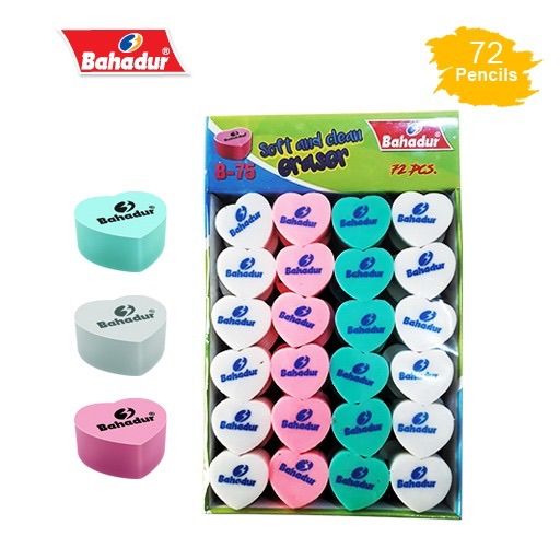 BAHADUR B75 ERASER- HEART SHAPE ERASER- 72 PIECES- SOFT ERASER- RUBBER