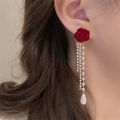 Wine Red Flocking Bow Pearl Tassel Earrings For Women Elegant Trending Luxury MJ. 