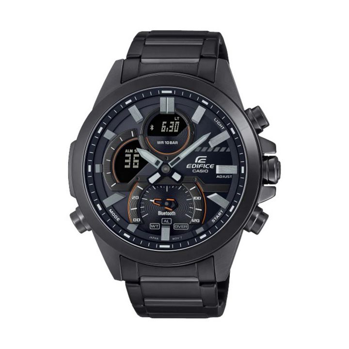 Casio Edifice Mens Black Ion Plated Stainless Steel Case Analog Mobile Link Chronograph Mineral Glass Black Multi-Function Dial Black Ion Plated Stainless Steel Band Watch-ECB-30DC-1ADF