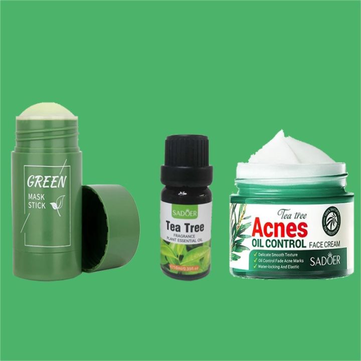 SADOER Pack Of 3 Green Tea & Tea Tree Acne Series Skin Care Kit (Stick Clay Mask , Face Cream , Essential Oil)