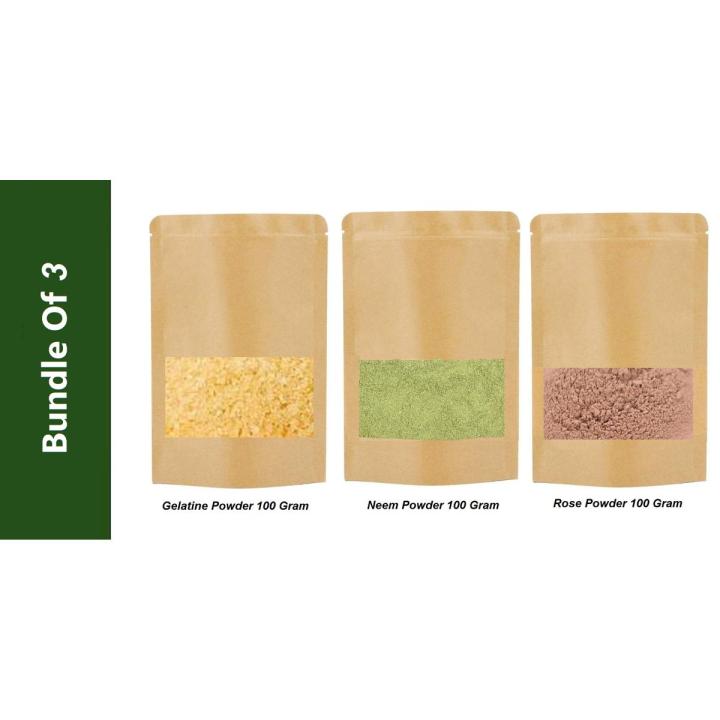 Bundle Of 3 Gelatin Powder Gelatine Powder Neem Leaves Powder Rose Powder for Face Pack 100 Grams Each