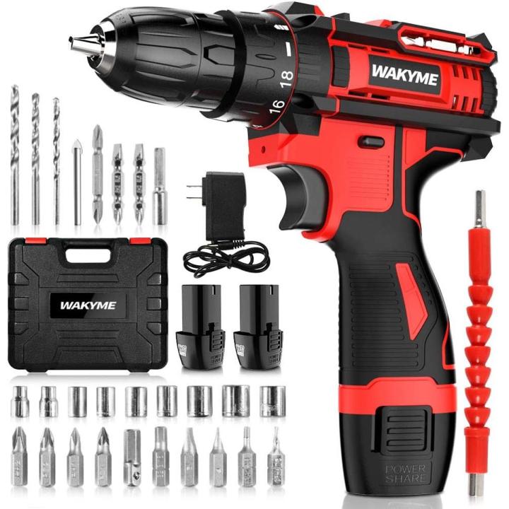 Cordless Drill Set 2 Batteries, WAKYME 12.6V Power Drill 30NM 18+1 Clutch, 3/8" Keyless Chuck, Variable Speed Built-in LED Electric Driver Drill for Drilling Wall, Bricks, Wood, Metal etc