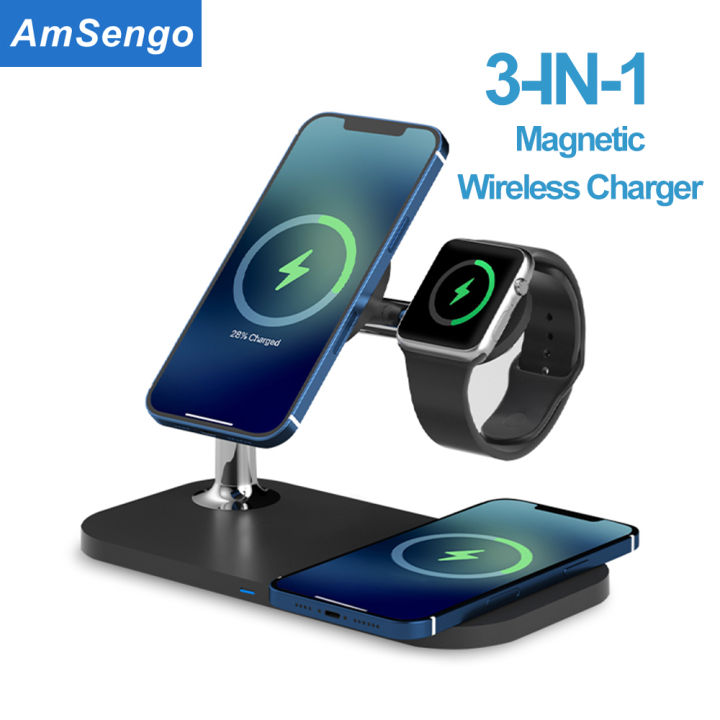 15W Fast Magnetic Wireless Chargers 3 in 1 Stand for iPhone 13 12Pro/Apple Watch 7 6 for Airpods Pro 3 Wireless Charging Station