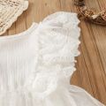 Infant Girls Romper Tutu Skirt, White Fly Sleeves Round Neck Lace One-piece, 0-18 Months. 