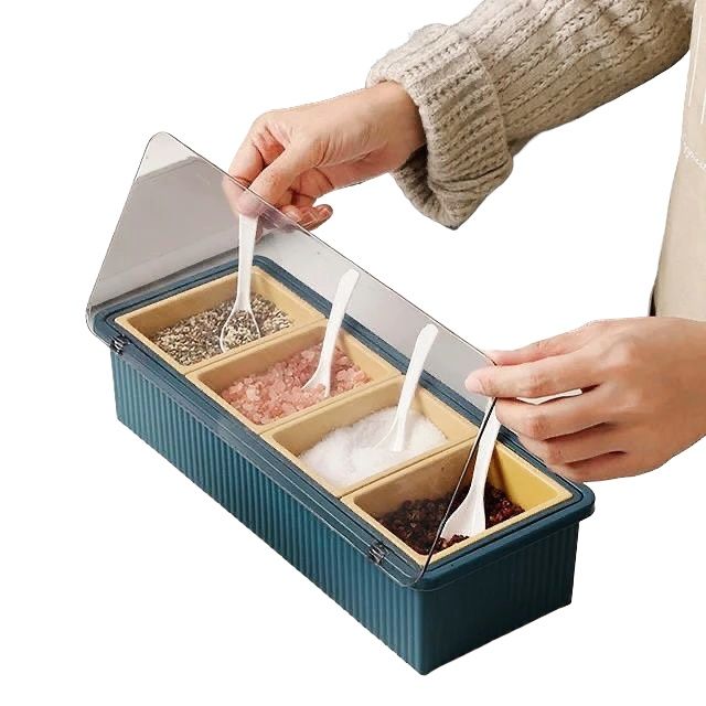 Kitchen Spice Rack Organizer with Spoons | Transparent Lid and Box | 4 Pcs Detachable Spice Jars | 4 Partitions Spices Box | 4 Grid Space Jars | 4 in 1 Partitions Kitchen Seasoning Box | SJR Collections