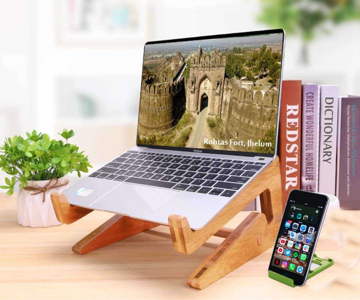 Wooden Laptop Stand, Adjustable Laptop stand,  Wooden Stand Mount Raiser for Laptop with Mobile Holder