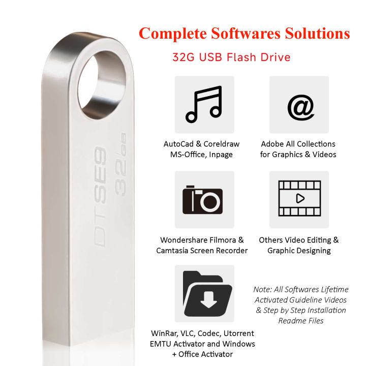 Complete Software Solution with 32 GB USB, Graphics Softwares, Office Work Softwares, Mix Popular Softwares with Life Time Activated and Installation Guidline Videos, Special Offer for Students & Computer Operator