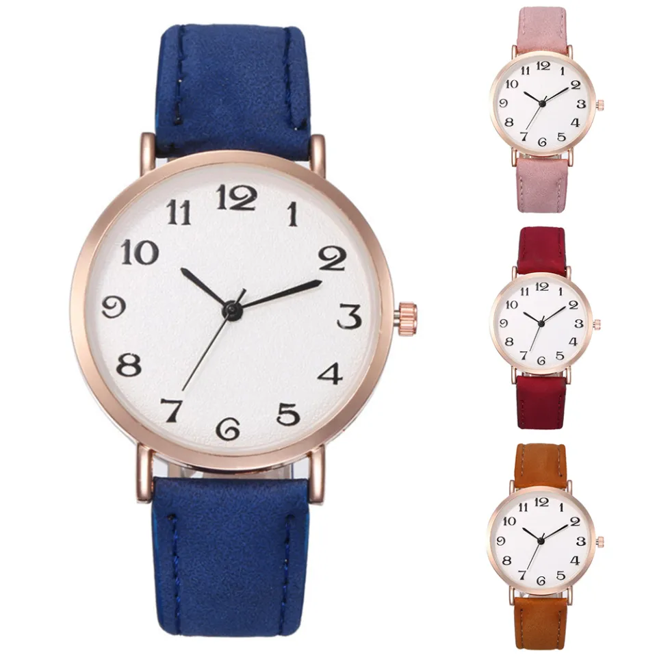 Women Round Dial Arabic Numerals Faux Leather Strap Analog Quartz Wrist Watch Daraz.pk