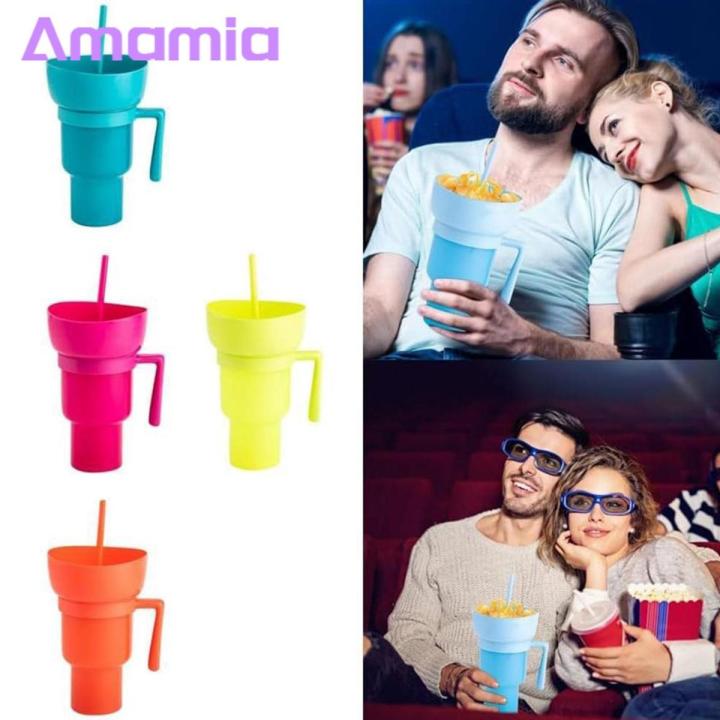 2-in-1 Snack Drink Cup 1pc Popcorn Water Cup Stadium Tumbler 2 in 1 Snack Drink Straw Leakproof Reusable Cinema Beverage