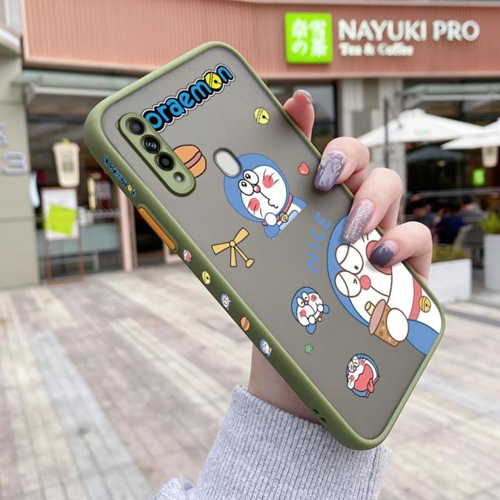 dienya For OPPO A8 Case Creative Frosted Transparent Hard Phone Case Square Edge Pattern Silicone Casing Cartoon Doraemon Full Back Cover Camera Shockproof Protection Softcase