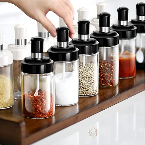 Clear Glass Jar with Lid and Spoon Attached for Home and Kitchen, sugar bowl, condiment container, Spice Storage