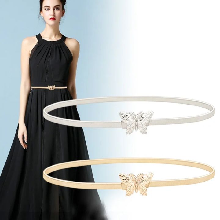 Fashion Metal Hollow Out Carved Bow Women Belts Elastic Skinny Thin Dress Belt Women Ladies Gold Sliver Decor Waist Chain Straps