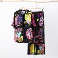 Women Casual Satin Funky Printed Pants Set Turn-Down Collar Short Sleeve Shirt Female Suits Wide Leg Trousers For Girls. 
