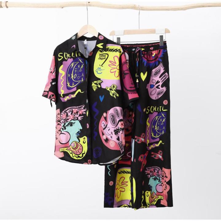 Women Casual Satin Funky Printed Pants Set Turn-Down Collar Short Sleeve Shirt Female Suits Wide Leg Trousers For Girls