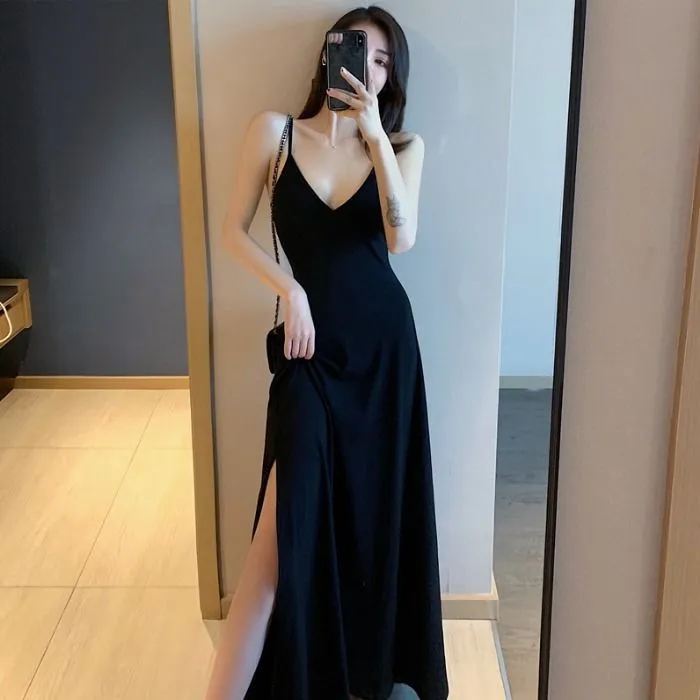 New Solid Black Dress with Suspender Gentle V Neck Retro Long Dresses with Side Slit Beach Party 2021 Summer New Clothes Daraz.pk