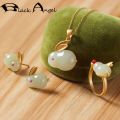 BLACK ANGEL Jade Rabbit Jewelry Set Khotan Jade Ring Ancient Gold Inlaid Chalcedony Necklace Stud Earrings Cute Bunny Pendant. 