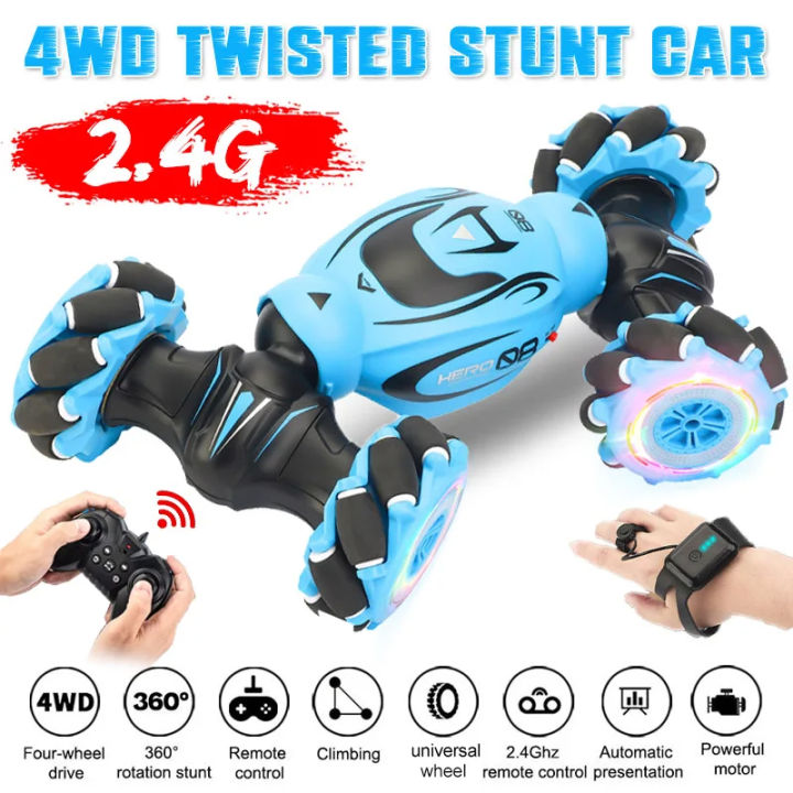 Gesture Induction Double Flip RC Twisted Stunt Car for Boys Girls Kids Toy with Light & Music 4WD Off Road Vehicle Truck Toys Double Sided 360° Rotating 2.4GHz Remote Control Watch Car Twister 4 Wheel Hand Gesture Sensing Sensor Move Twist Cars Chargeable