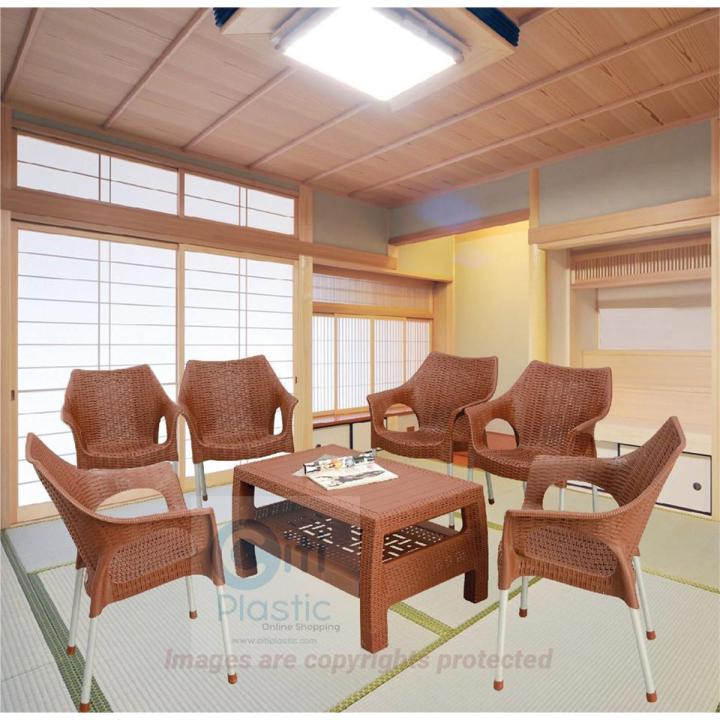 Set of 6 ratan Plastic Garden Chairs & 1 Heavy-Duty Double shelf table Table