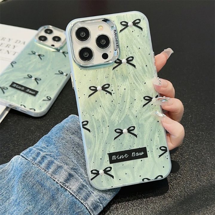 【Ready stock+COD】Korean Ins Mint Green Bow Unique Laser Phone Case for IPhone 15 14 13 Pro Max 12 11 Pro Max for IPhone 11 12 13 14 15 Pro Capa