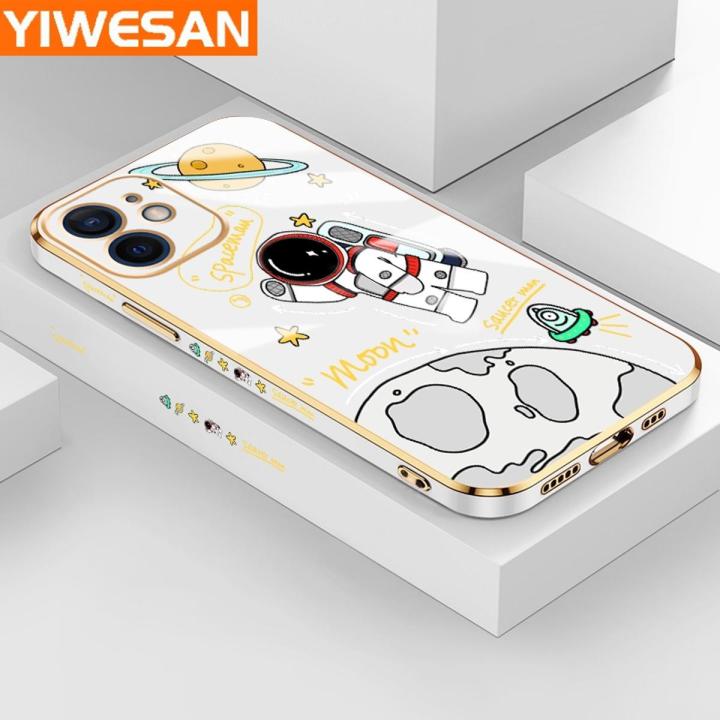 YIWESAN For IPhone 12 Mini Case Cartoon Cute Astronaut NASA Side Design Phone Case Square Edge Pattern Silicone Softcase Luxury Plating Casing Full Cover Camera Shockproof Protection Cases