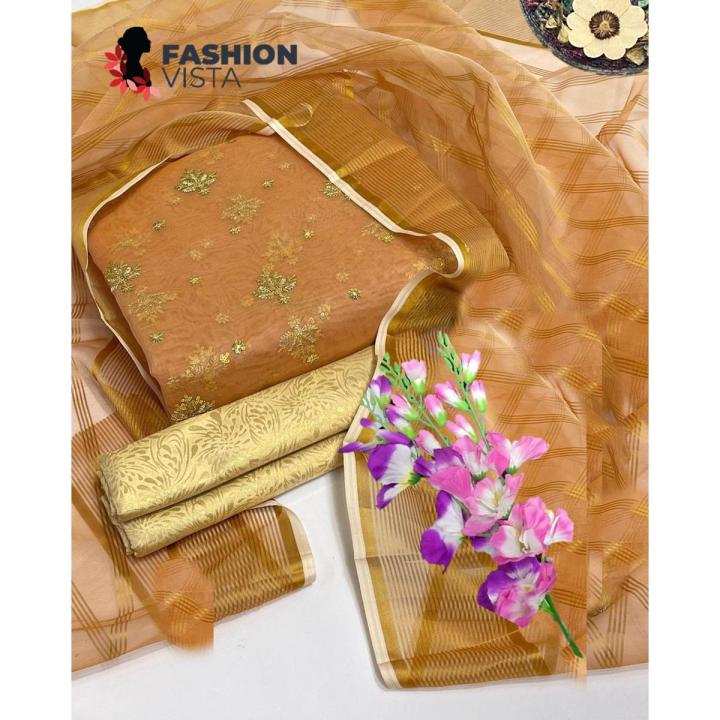 Fashion Vista Pure Organza Bunch 3 PC Unstitched Suit With Organza Zari Lining Dupatta and Maysori Trouser - Unstitched Fabric For Women - Dress For Girls - Dress For Women - (Peach Color)