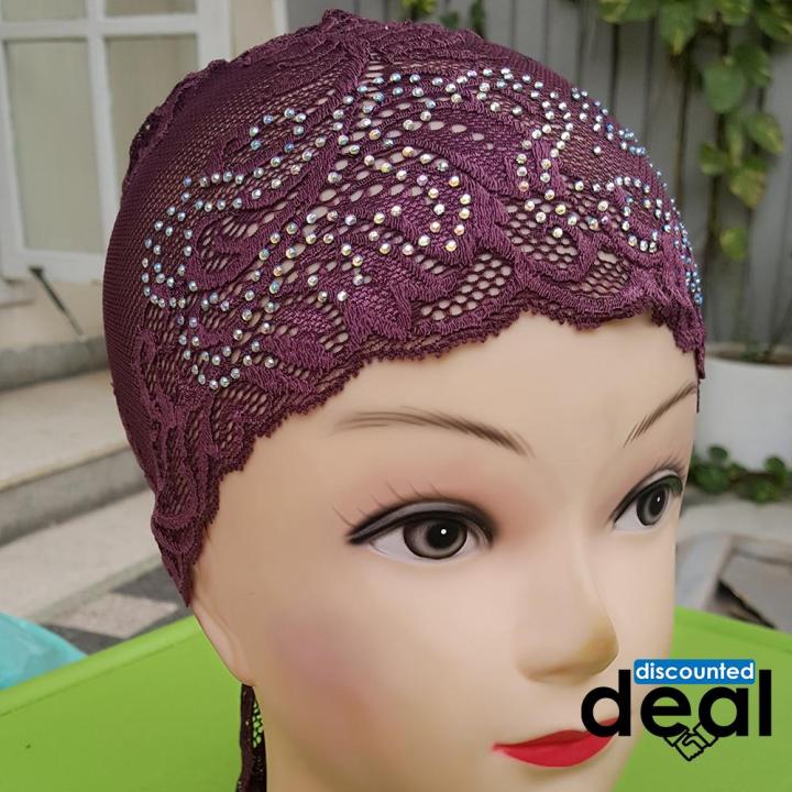 Fancy lace net purple Muslim Headscarf Inner Hijab Caps Wraps Women Islamic Under Scarf Ninja Scarf Ramadan Stretch Cotton Bonnet Caps