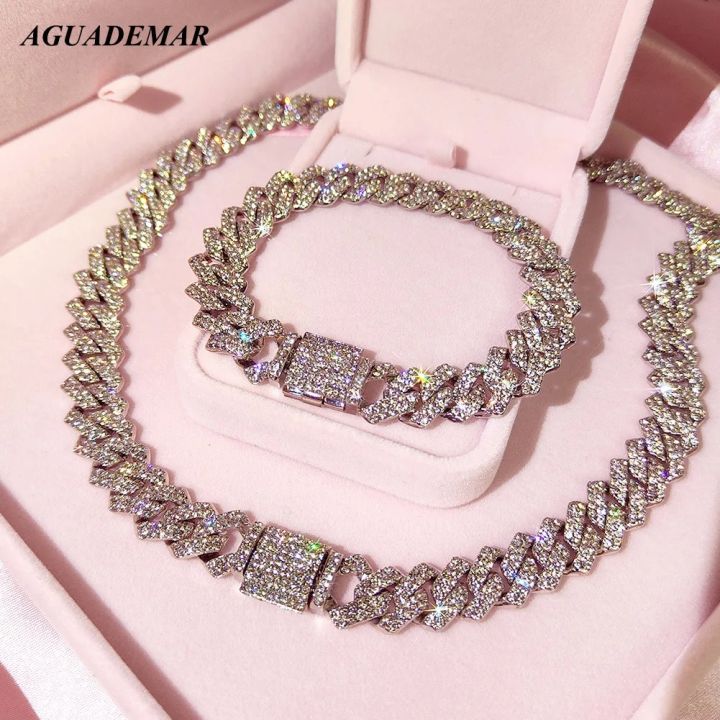 Silver Color 14mm Prong Miami Cuban Link Chain Necklace For Women Iced Out 2 Row Rhinestones Square Cuban Link Choker Jewelry Golven Toy