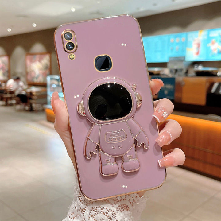 Maitus for Samsung Galaxy A10s Back Cover with Astronaut Hidden Stand Luxury 6D Plating Square Bumper Shiny Cases Soft Silicone Full Protection Mobile Phone Case for Boy Girls