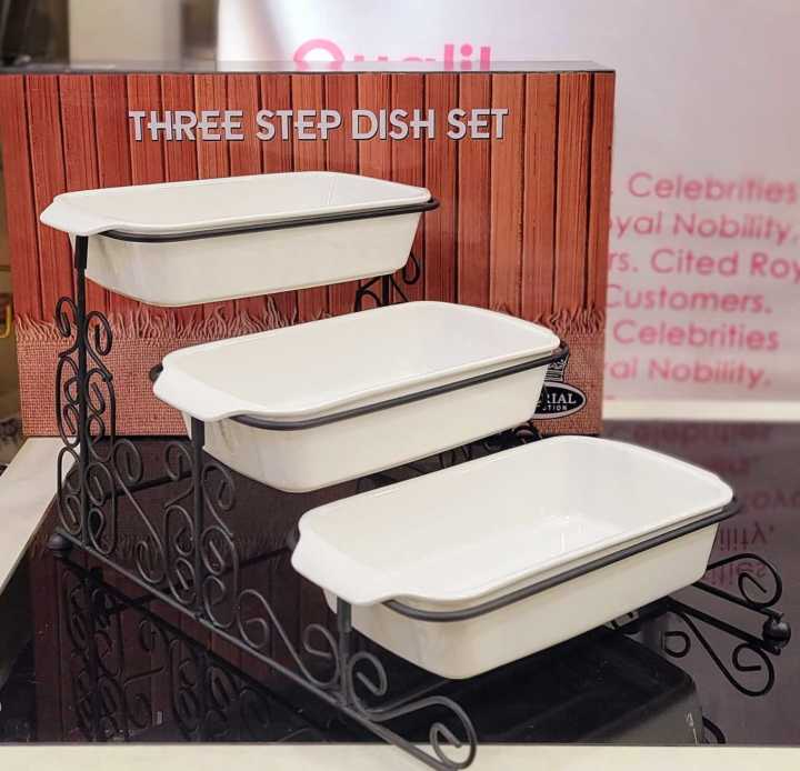 Premium Quality Three Step Serving Dish Set - Material Ceramic - Dish Size 10"- Super Quality Three Step Serving Dishes Set With Metal Black Stand.
