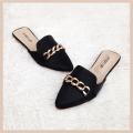 Women's shoes Flat Black Pumps With Chain Embellishment. 