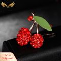 Women's Gorgeous Cute Red Rhinestone Cherry Leaf Fruit Brooch Pin Accessory. 