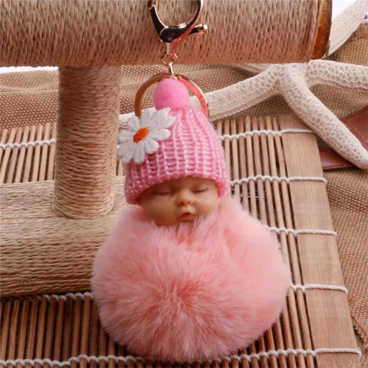 Cute Sleeping Baby Doll Pom Pom Key Chain for Girls-Fluffy Bag Hanging Keychain -Pink