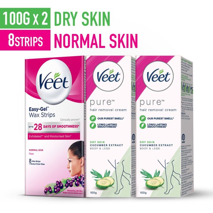 Veet Home Salon Kit - FREE Face Wax Strips Normal 8 Pcs with Pure Hair Removal Cream Dry 100g Pack of 2