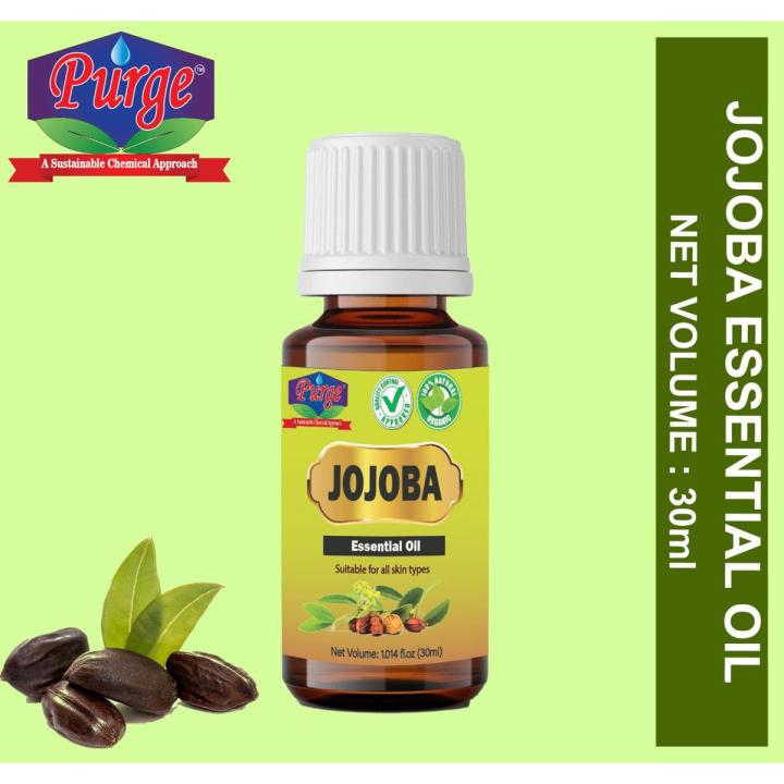 Purge Jojoba Essential Oil 30ml - Organic Cold Pressed | 100% Pure Natural Jojoba Oil | Carrier for Essential Oils, Moisturizer for Skin, Face & Hair, Massage, Soap Making. Made in Spain