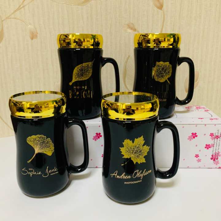 Fancy Cute Black Travel Flower Printed Ceramic Coffee Milk Tea Mugs with Mirror Lid For Boys Girls with Handle - 450 ML