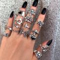 Punk YinYang Ring Set for Women Gothic Black Heart Butterfly Vintage Ghost Silver Color Plated Retro Rhinestone Finger Jewelry. 