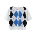 Women Knit Crop Top, Adults Color Block Button Down Argyle Pattern Short Sleeve Round Neck Cardigan. 