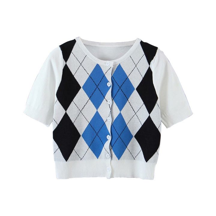 Women Knit Crop Top, Adults Color Block Button Down Argyle Pattern Short Sleeve Round Neck Cardigan