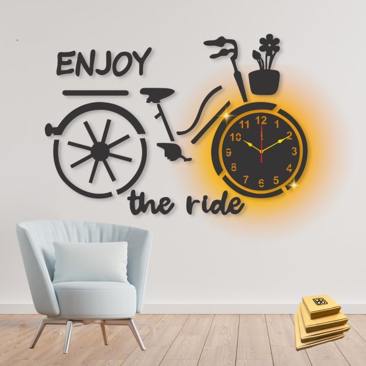 Wooden Wall Clock 3D Bicycle Style Quartz Backlit Design for Home and ...