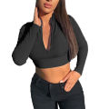 Women Solid Color Crop Top, Long Sleeve Half-open Collar Zipper Clothes Top (Black, Gray). 