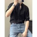 Summer thin stand up collar ice silk short sleeved for men Ins trendy brand new Chinese light mature style slim fit one and a half shirt. 