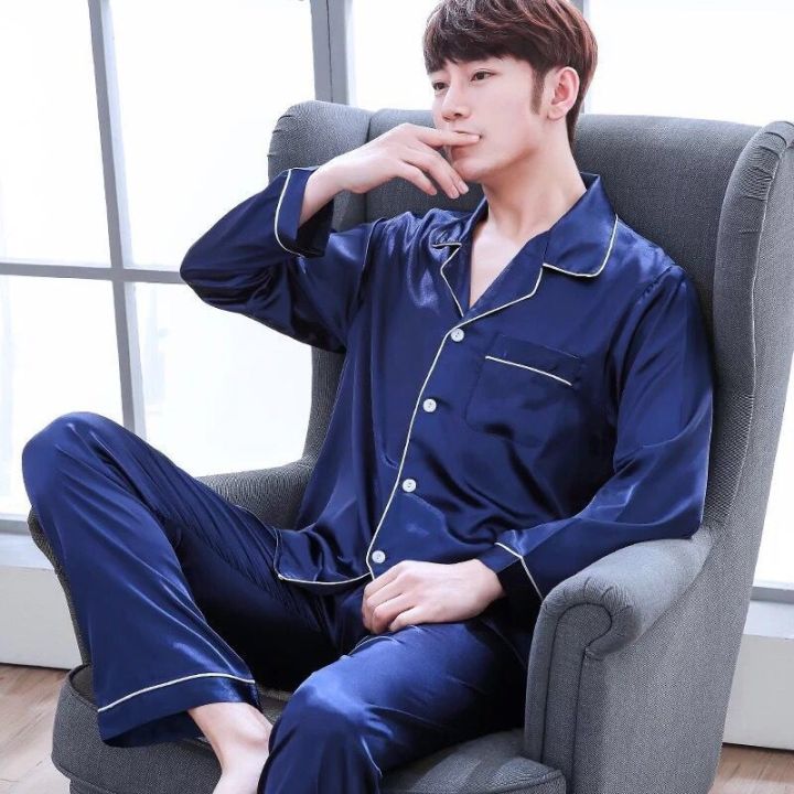 Men Pajama Sets Silk Satin Pijama Turndown Collar Sleepwear Long