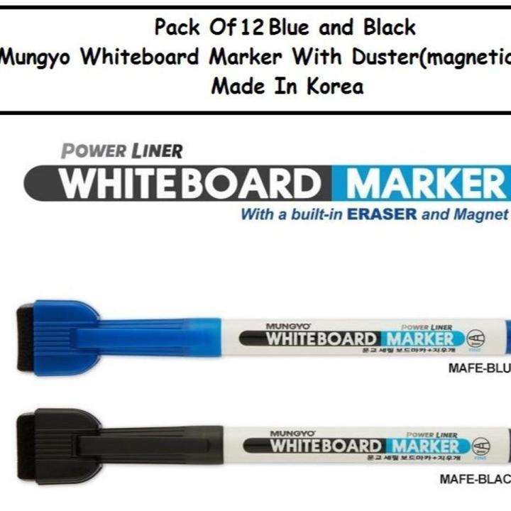 Pack of 12 - Whiteboard marker with duster (Magnetic) – Mungyo Korea – Black & Blue
