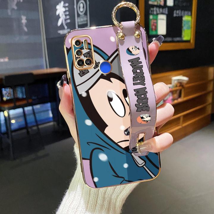 chenyyka For Infinix Spark 6 Air Case With Wristband New Design Square Edge Phone Case Cartoon Cute Mickey Pattern Shockproof Plating Silicone Casing Full Cover SoftCase Protection Cases Girl Women